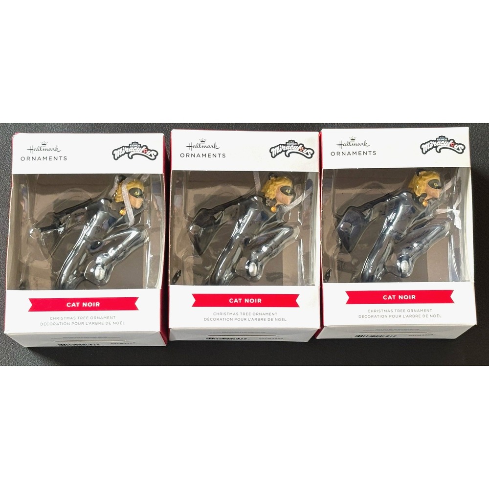 3 Hallmark ZAG Miraculous Cat Noir Ornaments 2024 Black Bodysuit Christmas NEW